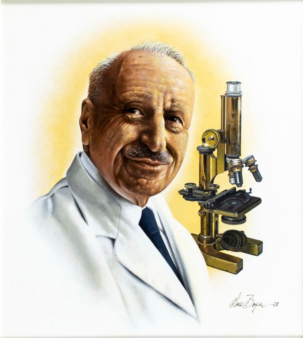Gene Boyer (US,20C) oil painting: ARTIST: Gene Boyer (American, 20 century) TITLE: Dr George Nicholas Papanicolaou YEAR: 1978 MEDIUM: oil on board CONDITION: Very good. No visible inpaint