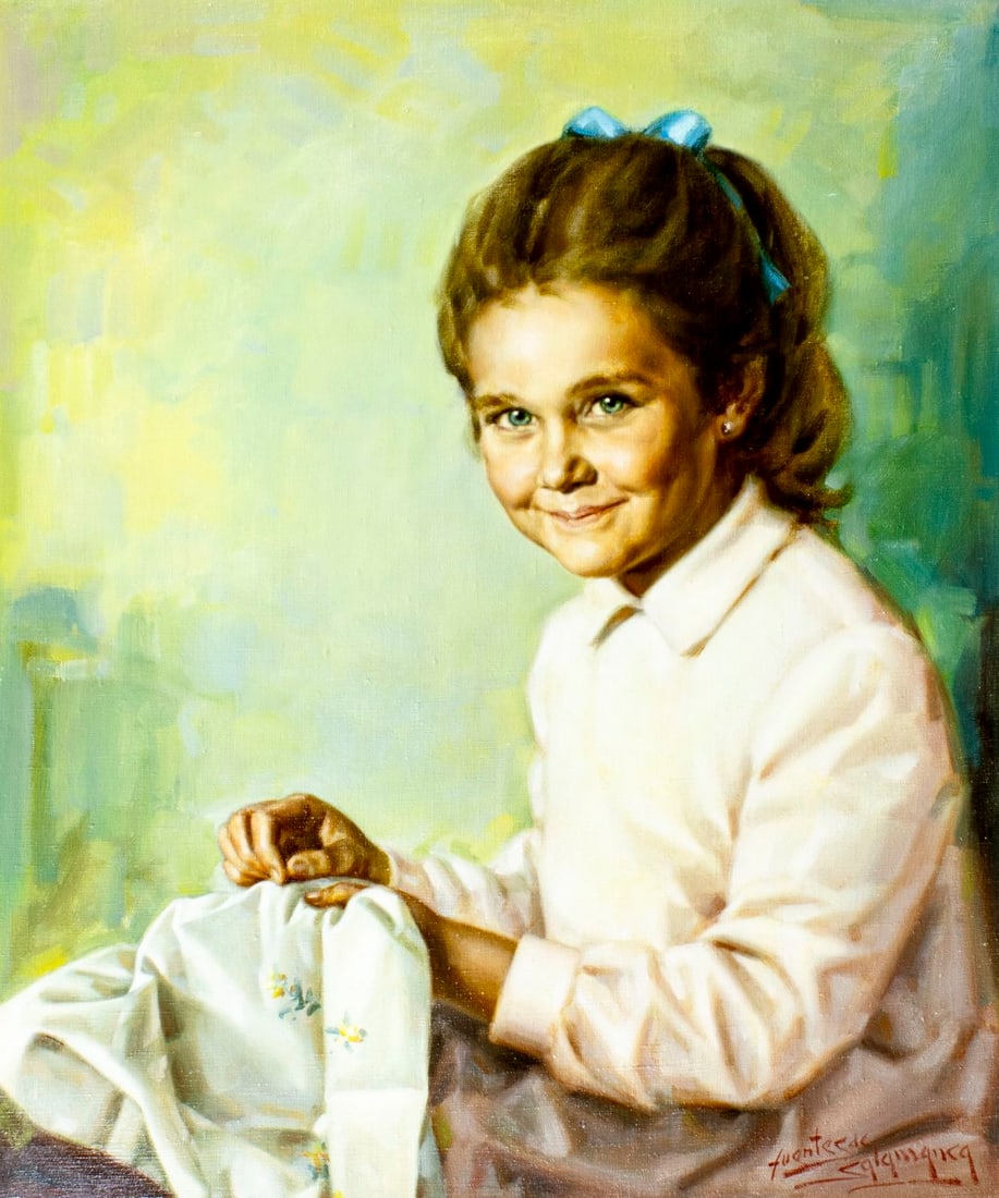 Jose Fuentes de Salamanca (Spain,1934-?) oil painting: ARTIST: Jose Fuentes de Salamanca (Spanish, 1934 - ???) TITLE: Girl Embroidering MEDIUM: oil on canvas CONDITION: Unstretched (In-House stretching available) (In-House str