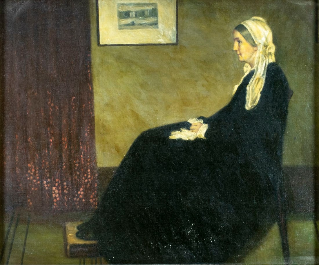 Antique early 20C American oil painting AFTER James Whistler: ARTIST: - (American, early 20 century) AFTER James Abbott McNeill Whistler TITLE: Whistler's Mother MEDIUM: oil on canvas board CONDITION: Some small scratches/paint losses