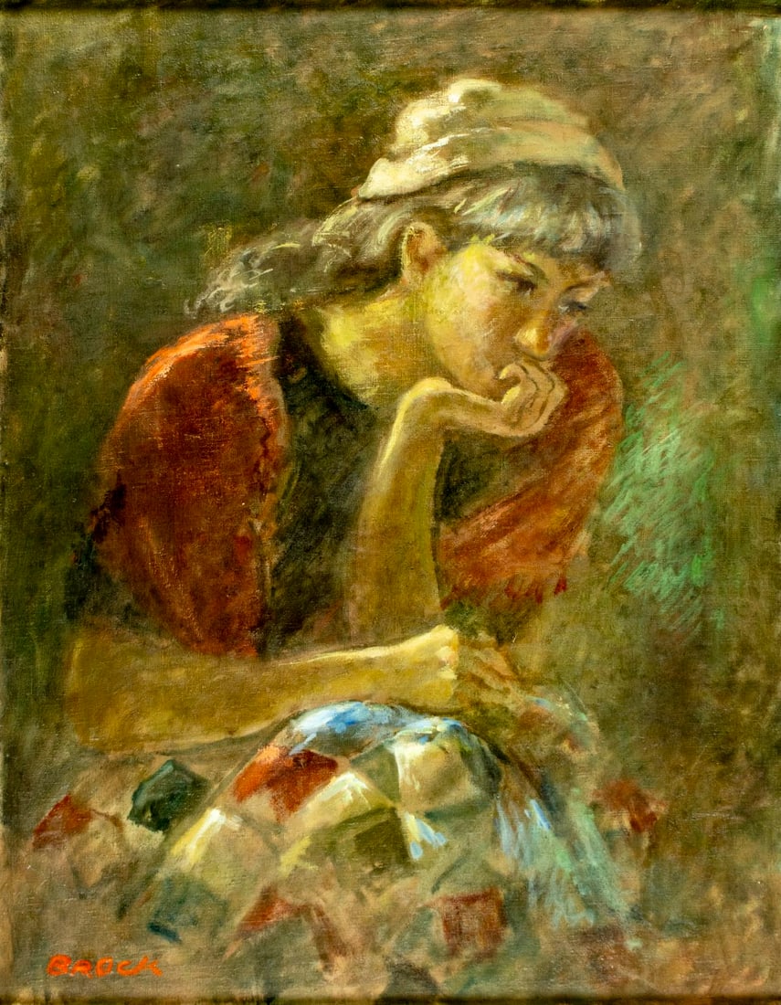 Frank Brokenshaw (NY,UK,1912-2004) oil painting: ARTIST: Frank Tregarthen Brokenshaw (New York, United Kingdom, 1912 - 2004) TITLE: Portrait of Pensive Woman MEDIUM: oil on canvas CONDITION: Few minor paint losses mostly b