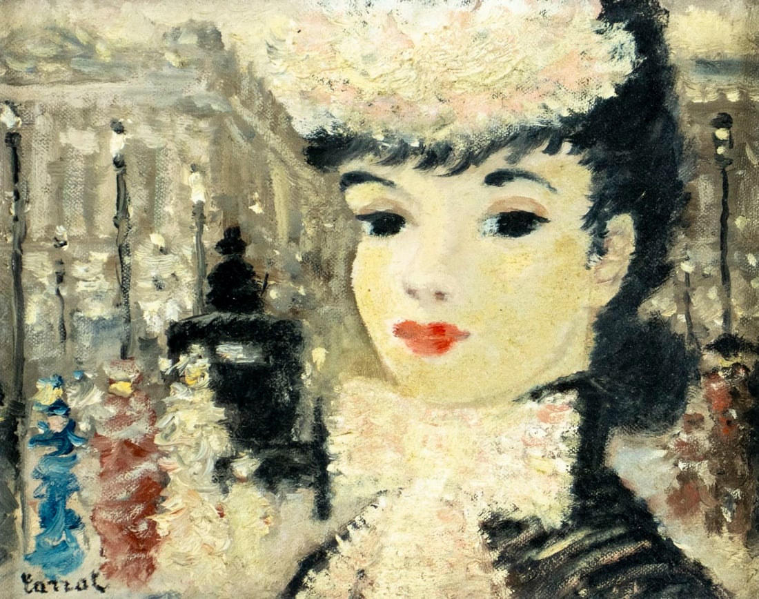 Carrol (France,mid 20C) oil painting: ARTIST: Carrol (French, mid 20 century) TITLE: Portrait of Parisian Woman MEDIUM: oil on canvas board CONDITION: Overall good. No visible inpaint under UV light. Wear to fra