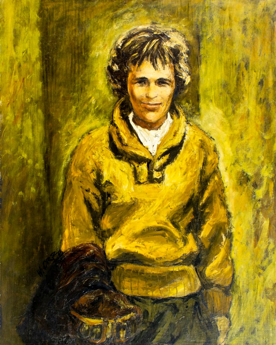 William A Orr (FL,1925-2019) oil painting: ARTIST: William A Orr (Florida, 1925 - 2019) TITLE: Portrait of Pilot Amelia Earhart MEDIUM: oil on canvas board CONDITION: Some small damages to the upper left corner. Mino