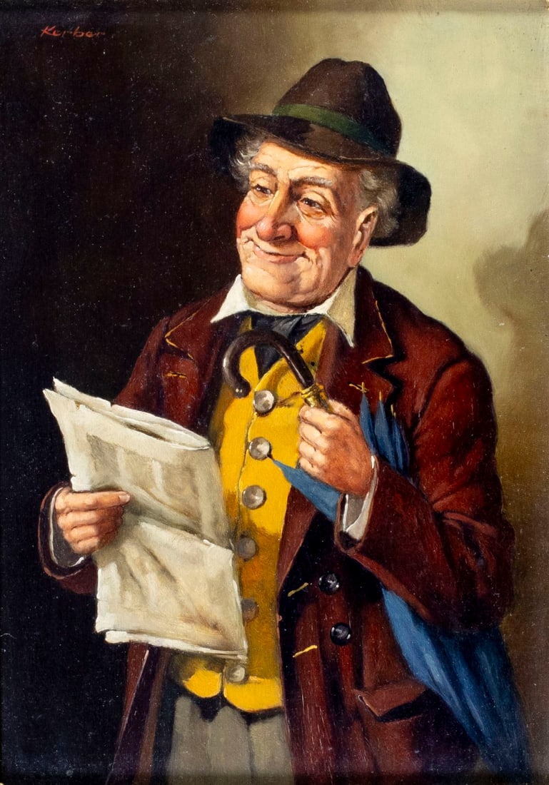 Hans Kerber (Austria,1920-?) oil painting: ARTIST: Hans Kerber (Austrian, 1920 - ???) TITLE: Portrait of Man with Umbrella and Newspaper MEDIUM: oil on board CONDITION: Overall good. No visible inpaint under UV lig