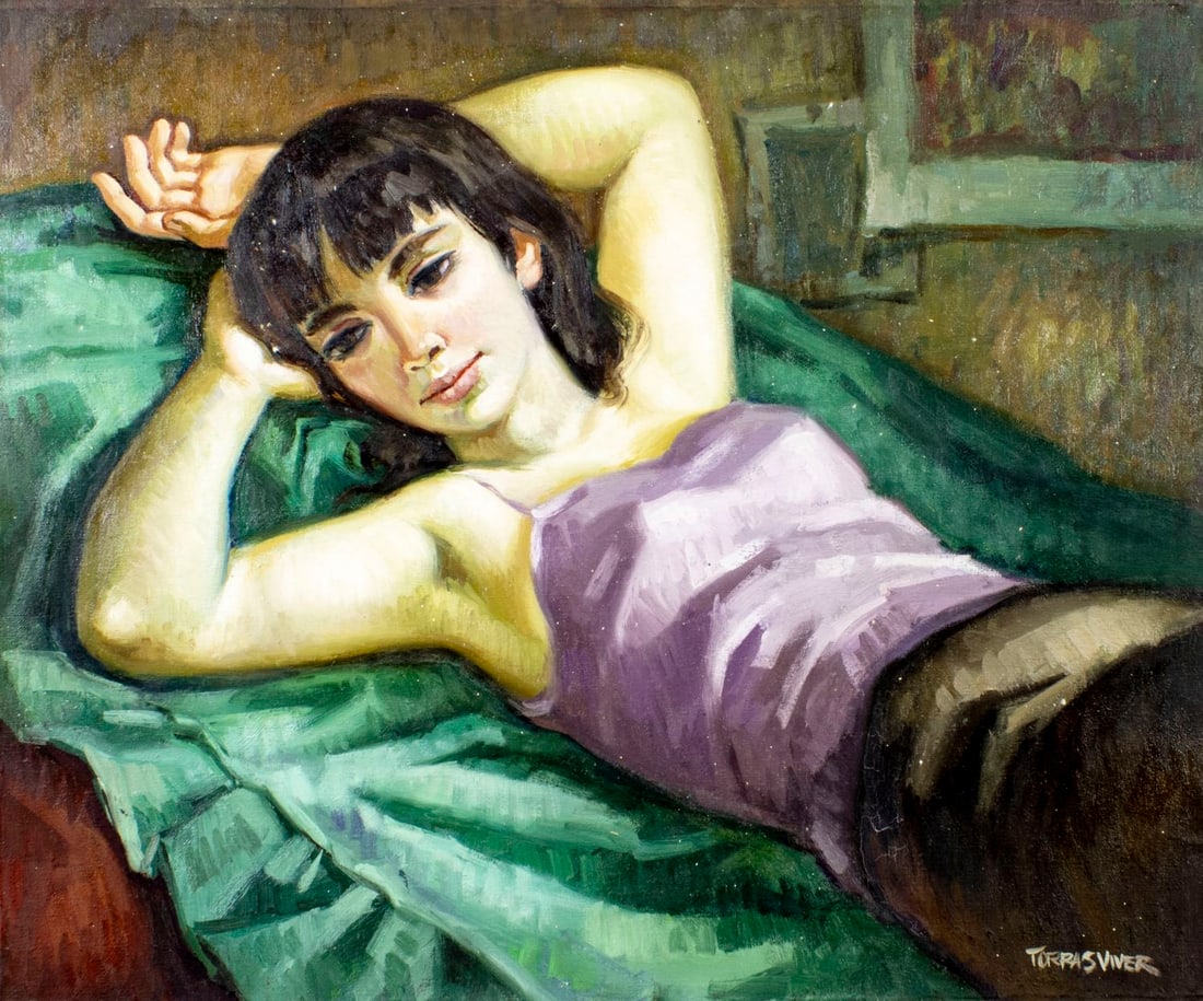 Joan Torras Viver (Spain,1929-2021) oil painting: ARTIST: Joan Torras Viver (Spanish, 1929 - 2021) TITLE: Woman at Rest MEDIUM: oil on canvas CONDITION: Unstretched (In-House stretching available) (In-House stretching ava