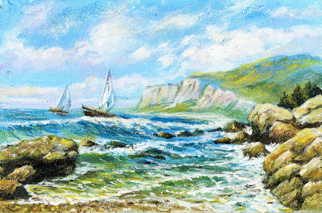 Vladimir Fenot (Ukraine,b 1970) oil painting: ARTIST: Vladimir Mikhailovich Fenot (Ukraine, born 1970) TITLE: Rocky Coast Seascape with Sailboats MEDIUM: oil on board CONDITION: Very good. No visible inpaint under UV li