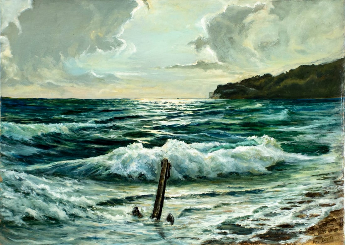 Viktor Ilyushkin (Russia,b 1946) oil painting: ARTIST: Viktor Nikolayevich Ilyushkin (Russian, born 1946) TITLE: Seascape - Anchor (titled on verso) YEAR: 2021 MEDIUM: oil on canvas CONDITION: Unstre