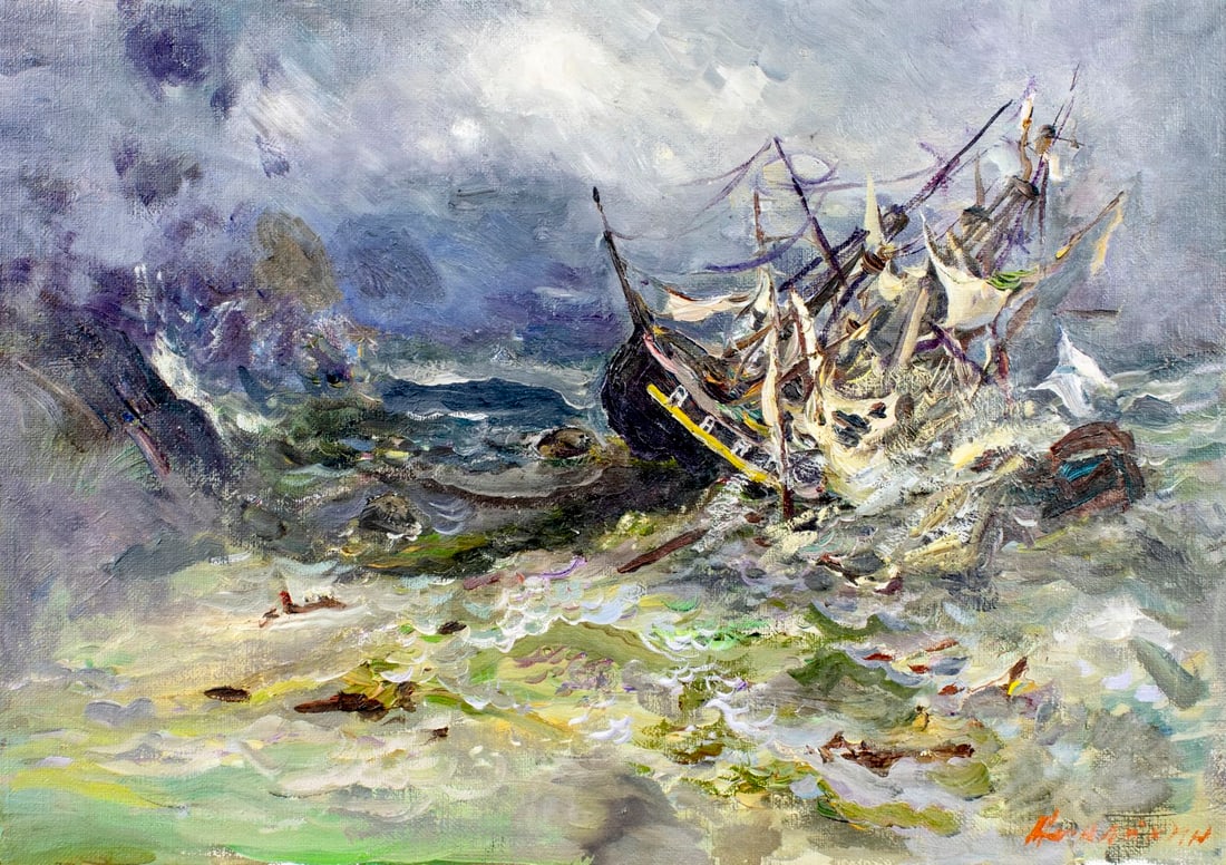 German Ivanovich Neznaikin (Russia,1941-?) oil painting: ARTIST: German Ivanovich Neznaikin (Russian, 1941 - ???) TITLE: The Wreck of Neva (titled on verso) YEAR: 1991 MEDIUM: oil on canvas. Canvas applied to board. C