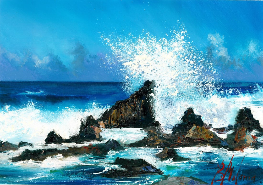 Melania Balanyuk (Ukraine,20/21C) oil painting: ARTIST: Melania Balanyuk (Ukraine, 20/21 centuries) TITLE: Rocky Coast Seascape MEDIUM: oil on heavy paper CONDITION: Very good. No visible inpaint under UV light.