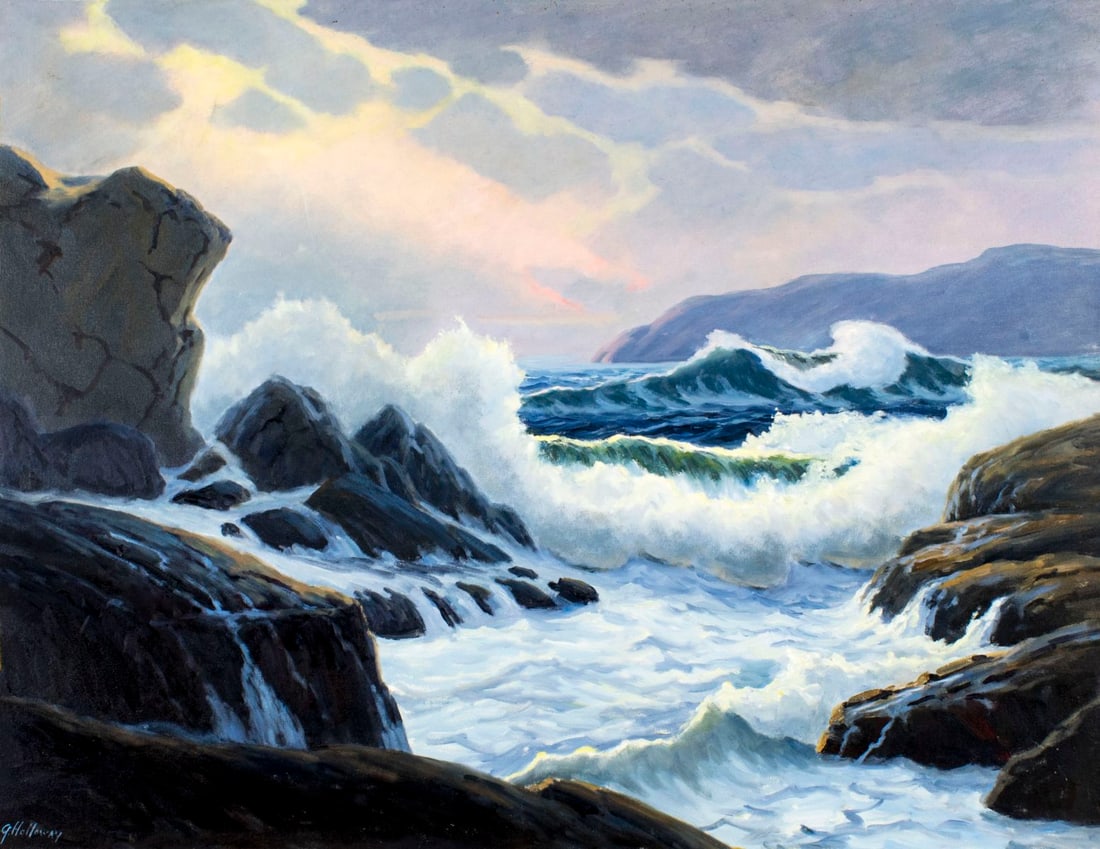 George Holloway (NJ,20C) oil painting: ARTIST: George Holloway (New Jersey, 20 century) TITLE: Sunset Seascape MEDIUM: oil on canvas CONDITION: Scratch along left edge. No visible inpaint under UV light.