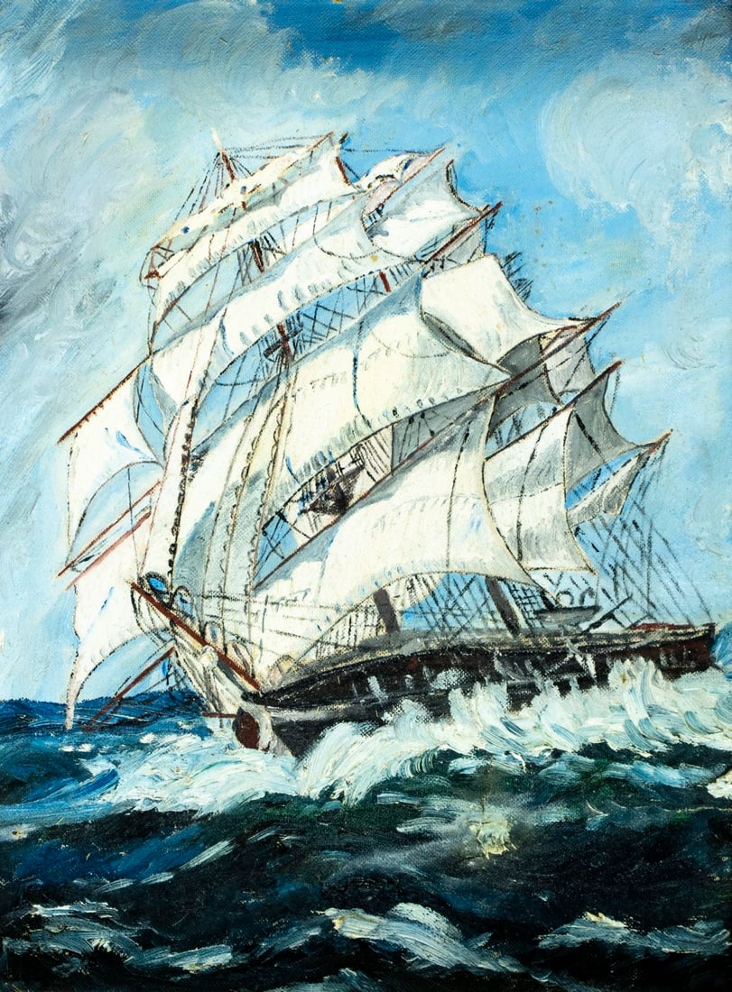 Vintage mid 20C American oil painting: ARTIST: - (American, mid 20 century) TITLE: Seascape with Clipper Ship MEDIUM: oil on canvas board CONDITION: One repaired crack. One minor damage to the upper edge. Few sma