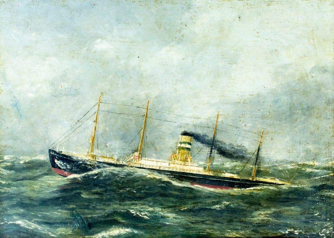 Antique early 20C oil painting: ARTIST: - (early 20C) TITLE: Seascape with Ship MEDIUM: oil on board CONDITION: Some scratches/paint losses. No visible inpaint under UV light. Normal wear along edges.