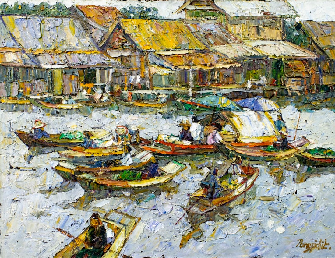 Pongpidit (Thai,20C) oil painting: ARTIST: Pongpidit (Thailand, 20 century) TITLE: Floating Market, Thailand MEDIUM: oil on canvas CONDITION: Unstretched (In-House stretching available). Some flaking/paint lo