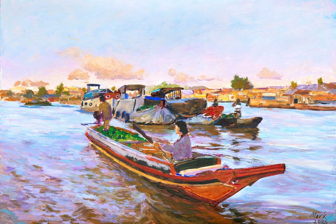 Mark Zybkin (Ukraine,20/21C) oil painting: ARTIST: Mark Zybkin (Ukrainian, 20/21 centuries) TITLE: Asian Floating Market Scene MEDIUM: oil on heavy paper CONDITION: Very good. No visible inpaint under UV light.