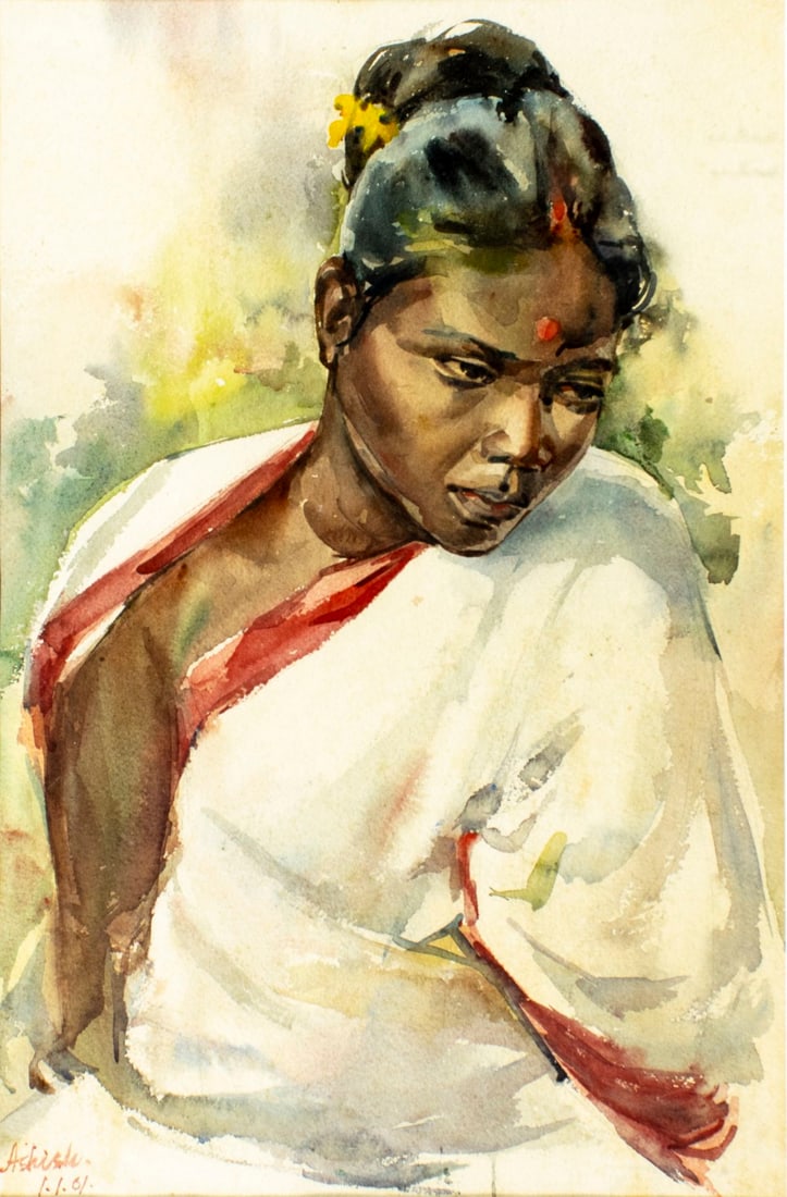 Ashish Kumar Gupta (US,India,20C) watercolor painting: ARTIST: Ashish Kumar Sen Gupta (American, Indian, 20 century) TITLE: Portrait of Indian Woman MEDIUM: watercolor on paper CONDITION: Some foxing (just few spots). Some age t