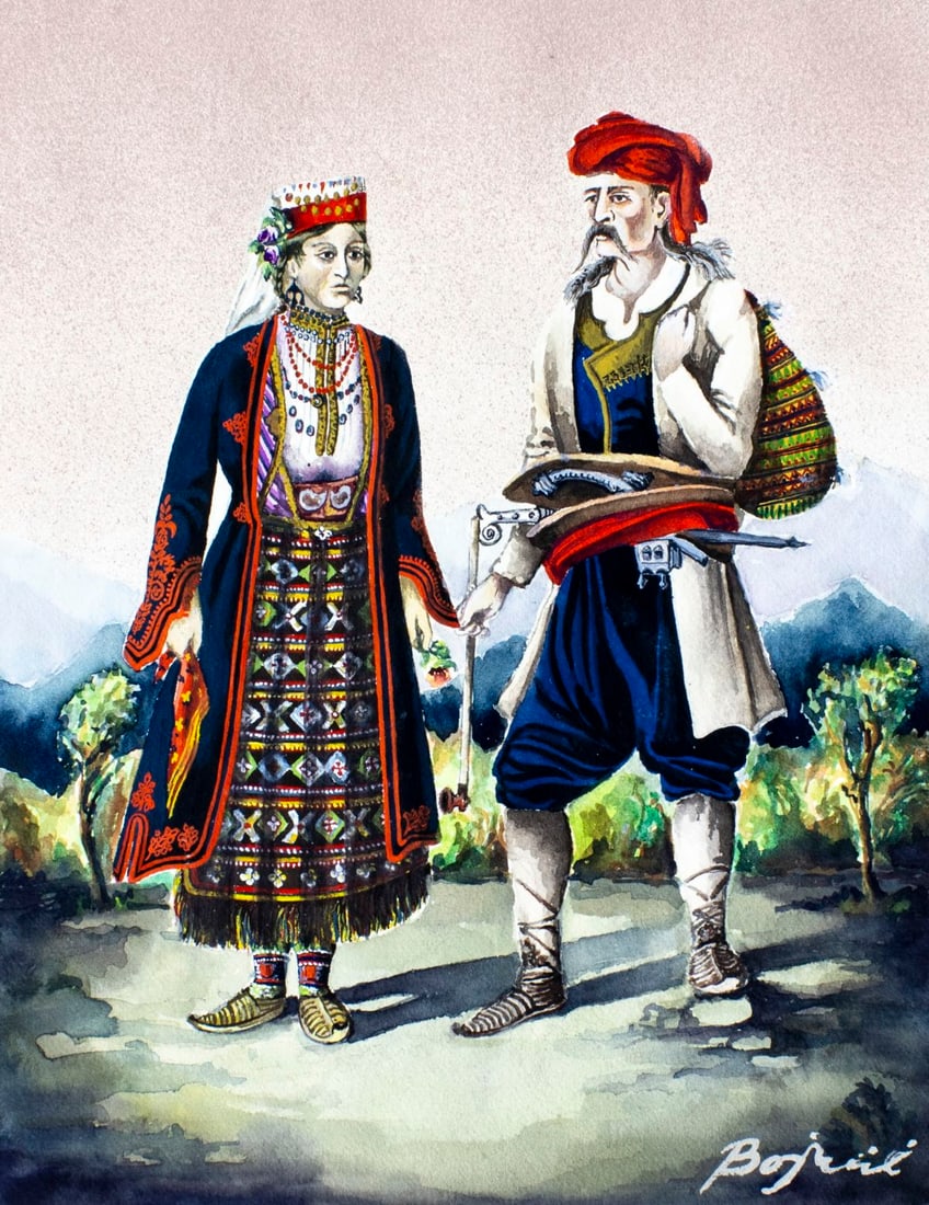 Radomir Bojanic (Yugoslavia,20C) watercolor painting: ARTIST: Radomir Bojanic (Yugoslavian, 20 century) TITLE: National Costumes of Yugoslavia 5 (titled on verso) YEAR: 1986 MEDIUM: watercolor on paper CONDITION: