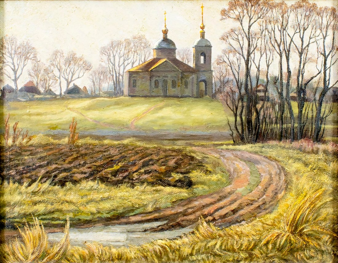 A T Voronov (Russia,20C) oil painting: ARTIST: A T Voronov (Russian, 20 century) TITLE: Church Landscape, Znamenskoe, Russia (titled on verso) YEAR: 1992 MEDIUM: oil on canvas CONDITION: Very