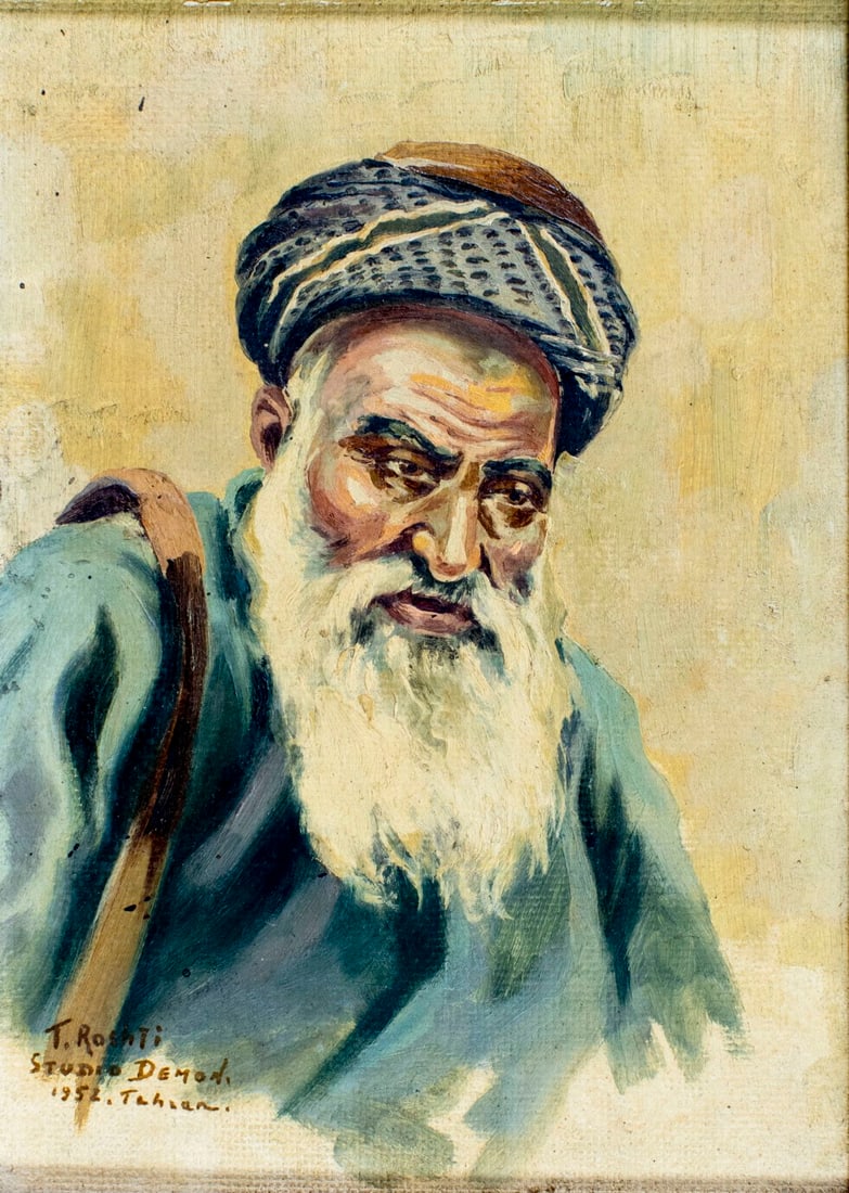 T Roshti (Iran,mid 20C) oil painting: ARTIST: T Roshti (Iranian, mid 20 century) TITLE: Portrait of Middle Eastern Man MEDIUM: oil on board CONDITION: Some small dark spots. No visible inpaint under UV light. We