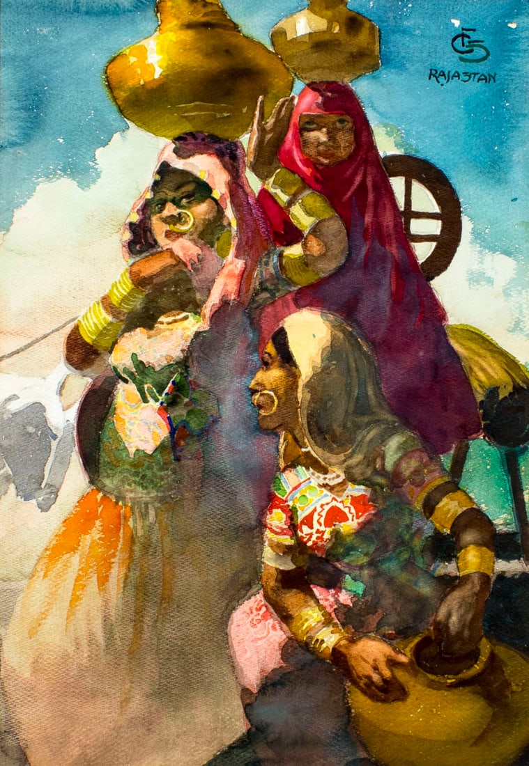 Carl Folke Sahlin (FL,Sweden,1884-1972) watercolor painting: ARTIST: Carl Folke Sahlin (Florida, Swedish, 1884 - 1972) NAME: Oriental Women MEDIUM: watercolor on paper CONDITION: Very good. Minor age toning. SIGHT SIZE: 21 x 15 inches / 53 x 38 cm<