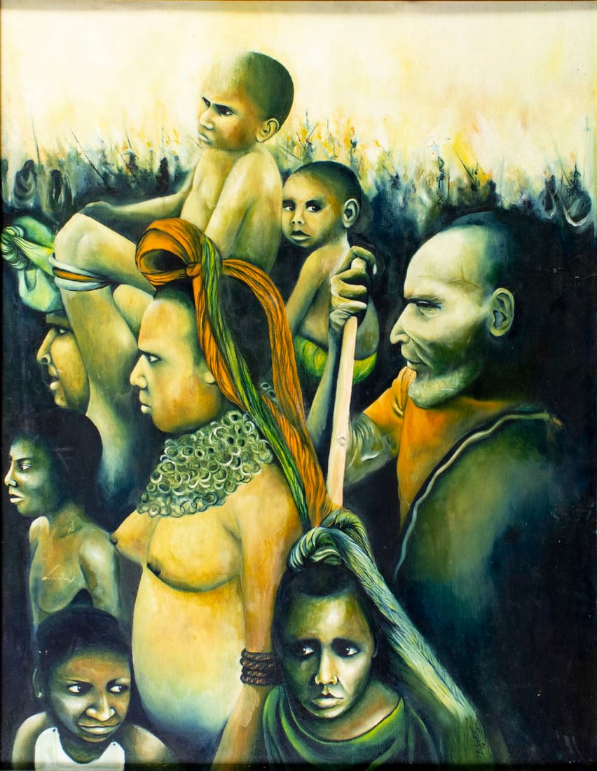 T Blackley (US,20C) oil painting: ARTIST: T Blackley (American, 20 century) TITLE: African Family Portrait (titled on verso) YEAR: 1978 MEDIUM: oil on canvas. Canvas applied to board. CONDITION:</