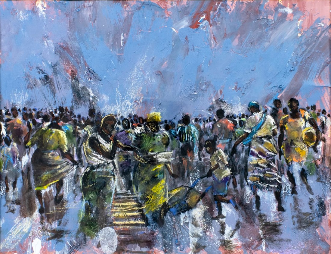 Vintage 20C Zambian mixed media painting: ARTIST: - (Zambia,20 century) TITLE: African Gathering MEDIUM: mixed media on paper CONDITION: Minor craquelure. Framed under glass. Wear to frame. ART SIZE: