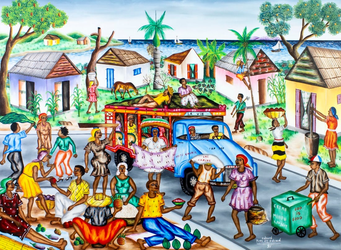Edouard Yves Jean Gerard (Haiti,20C) oil painting: ARTIST: Edouard Yves Jean Gerard (Haitian, 20 century) TITLE: Haitian Market Scene YEAR: 1991 MEDIUM: oil on canvas. Canvas applied to board. CONDITION: