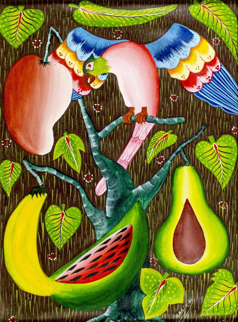 Art Frantz (Haiti,20C) oil painting: ARTIST: Art Frantz (Haitian, 20 century) TITLE: Parrot and Fruits MEDIUM: oil on canvas CONDITION: Overall good. No visible inpaint under UV light. Wear to frame.