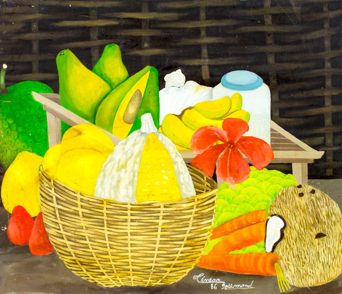 Ceneac Rosemond (Haiti,20C) oil painting: ARTIST: Ceneac Rosemond (Haitian, 20 century) TITLE: Haitian Still Life YEAR: 1986 MEDIUM: oil on board CONDITION: Few minor paint losses. No visible inp