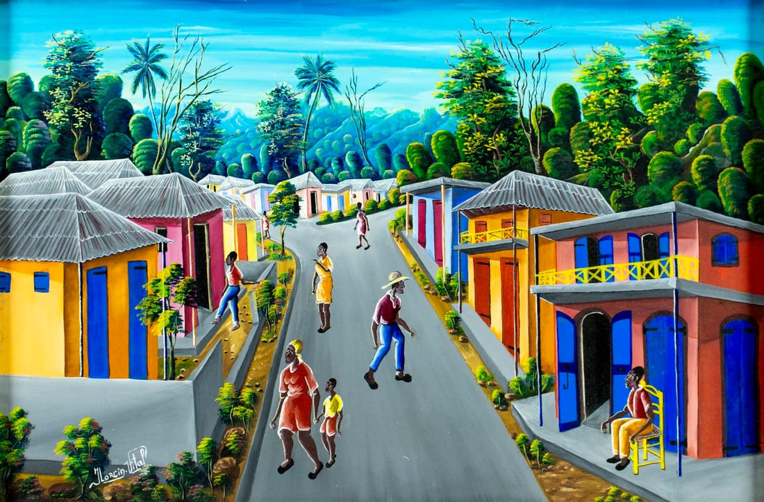 Lorcin Vital (Haiti,20C) oil painting: ARTIST: Lorcin Vital (Haitian, 20 century) TITLE: Haitian Village Landscape MEDIUM: oil on canvas CONDITION: Few small scratches/paint losses mostly by the edges. No visible