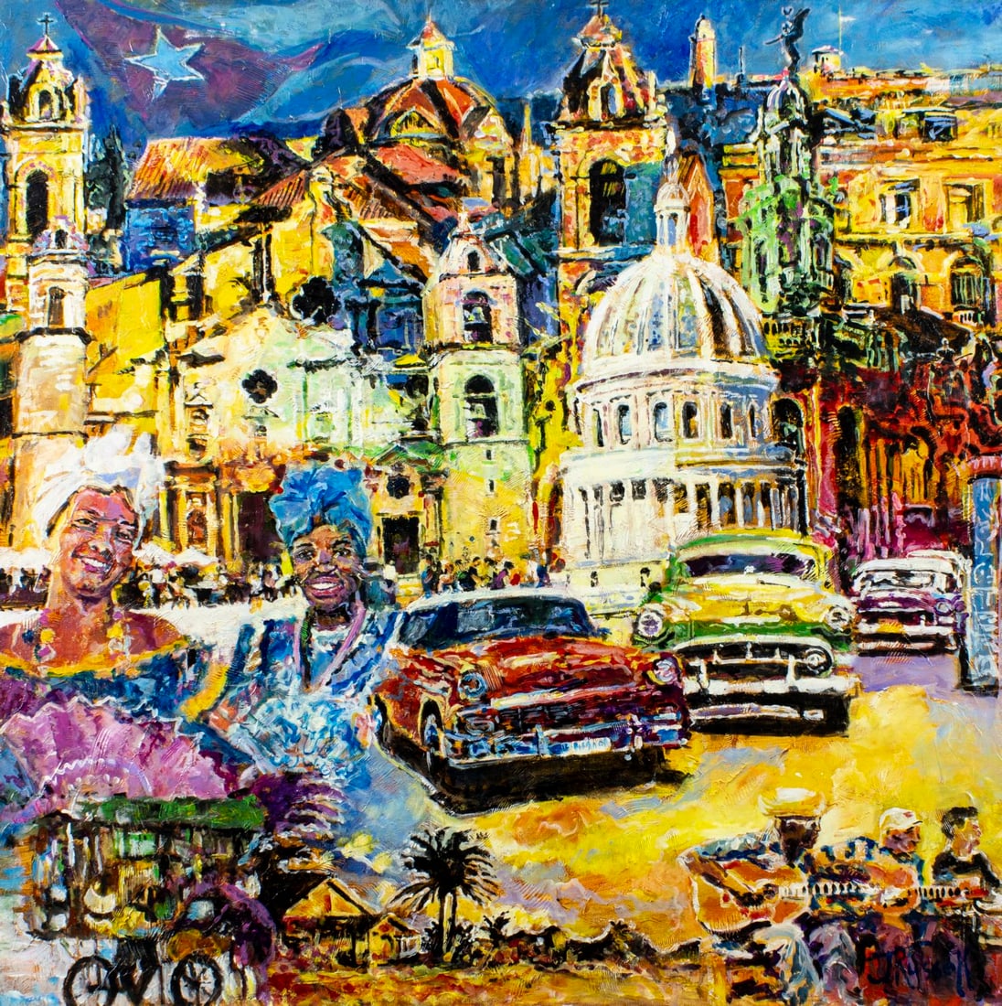 J Russell (US,20C) acrylic painting: ARTIST: J Russell (American, 20 century) TITLE: Havana Cityscape, Cuba MEDIUM: acrylic on canvas CONDITION: Few small paint losses. No visible inpaint under UV light. Normal