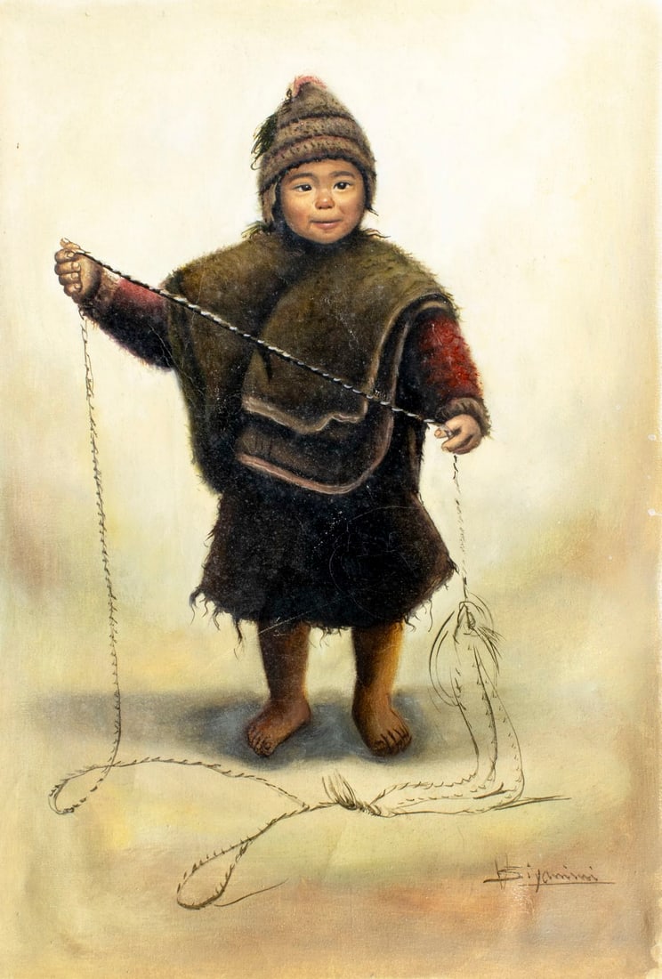 V Giyamini (Peru,20C) oil painting: ARTIST: V Giyamini (Peruvian, 20 century) TITLE: Portrait of Peruvian Child YEAR: 1992 MEDIUM: oil on canvas CONDITION: Minor scratches/paint losses. Som