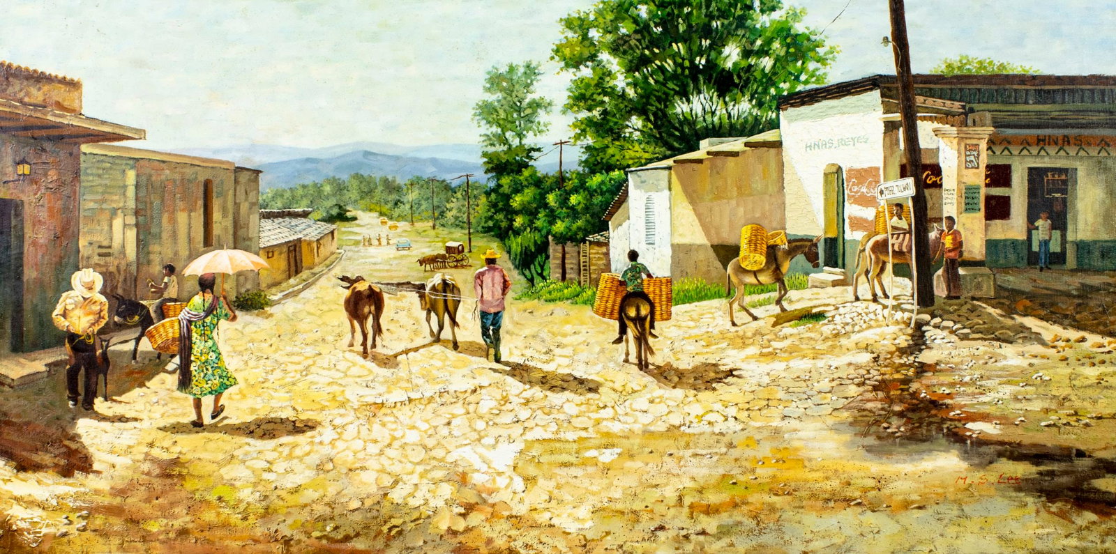 M S Lee (US,20C) oil painting: ARTIST: M S Lee (American, 20 century) TITLE: Mexican Village Landscape MEDIUM: oil on canvas CONDITION: Few minor scratches/paint losses. No visible inpaint under UV light.