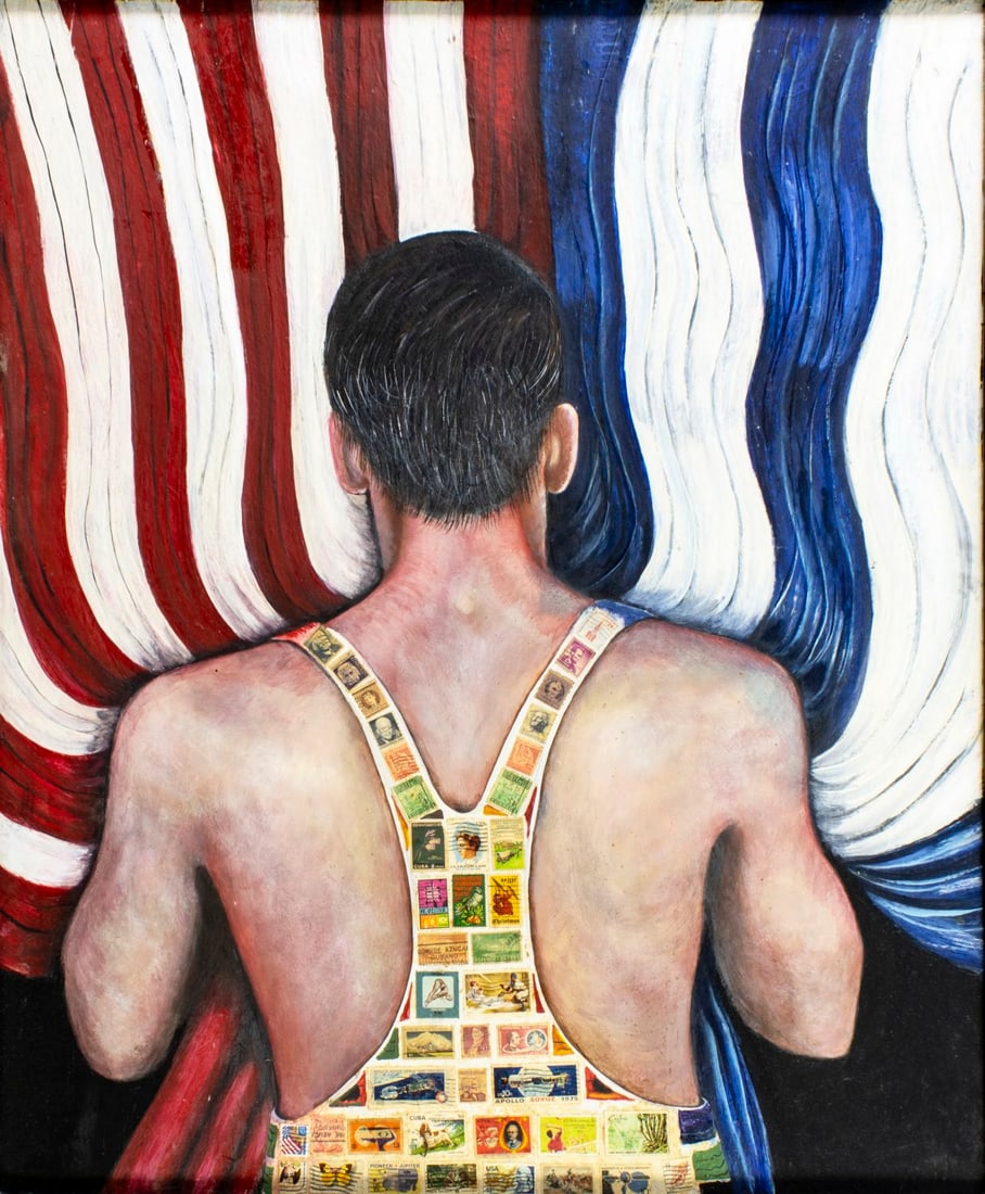 Manolo Nunez (FL,Cuba,b 1935) oil painting: ARTIST: Manolo Nunez (Florida, Cuban, born 1935) TITLE: Man with Stamps MEDIUM: oil on board CONDITION: Some small scratches/paint losses. Some craquelure. Some foxing. No v