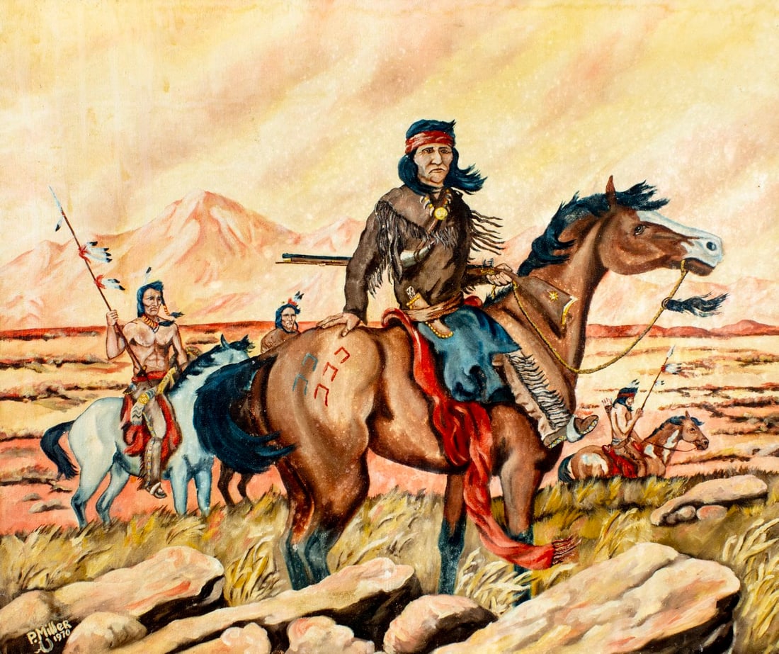 P Miller (US,20C) oil painting: ARTIST: P Miller (American, 20 century) TITLE: Indian Men on Horseback YEAR: 1970 MEDIUM: oil on canvas CONDITION: Some small paint losses. Some craquelu
