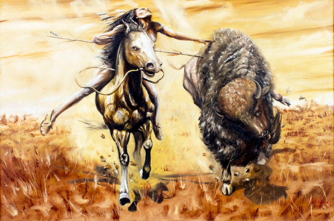 S P Nava-Ha (US,20C) oil painting: ARTIST: S P Nava-Ha (American, 20 century) TITLE: A Coup for Survival YEAR: 1978 MEDIUM: oil on canvas CONDITION: Very good. No visible inpaint under UV
