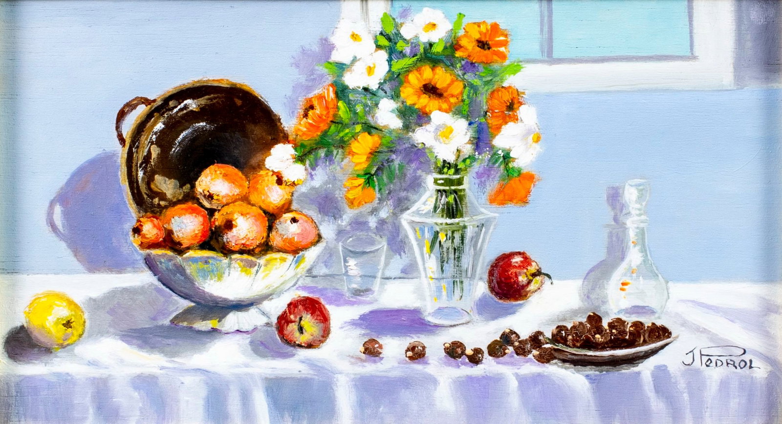 Jose Pedrol (Australia,20C) oil painting: ARTIST: Jose Pedrol (Australian, 20 century) TITLE: Still Life with Vase of Flowers and Fruit MEDIUM: oil on board CONDITION: Very good. No visible inpaint under UV light.