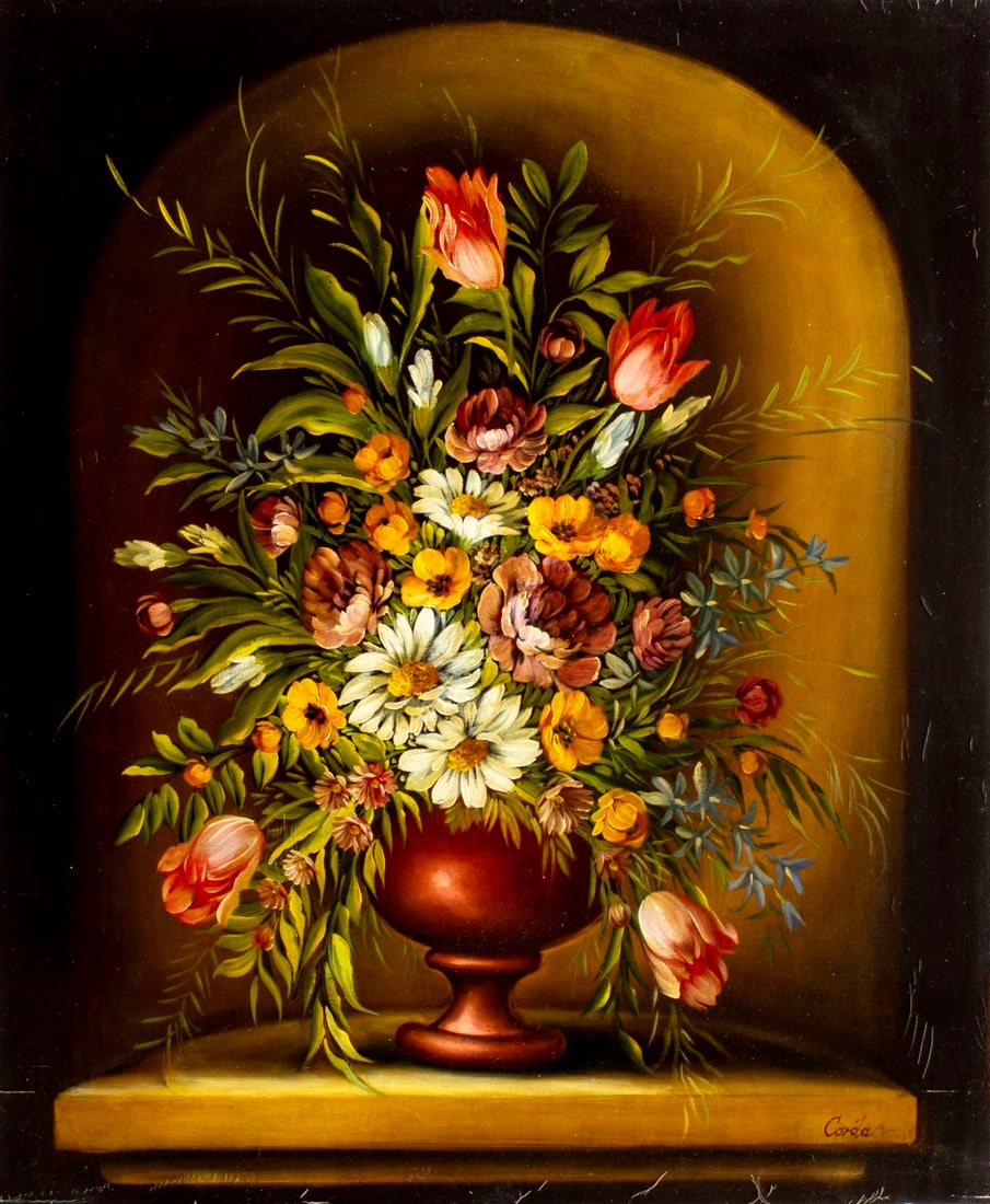 F Corda (Europe,20C) oil painting: ARTIST: F Corda (European, 20 century) TITLE: Still Life with Vase of Flowers MEDIUM: oil on canvas CONDITION: Unstretched (In-House stretching available) (In-House stretchi