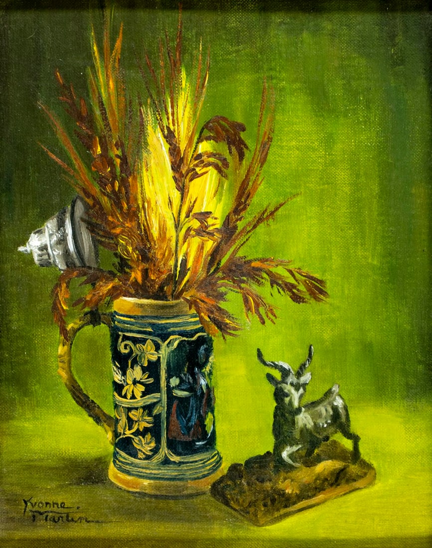 Yvonne Martin (WI,20C) oil painting: ARTIST: Yvonne Martin (Wisconsin, 20 century) TITLE: Still Life with German Stein (titled on verso) MEDIUM: oil on canvas board CONDITION: Few minor paint losses along the u