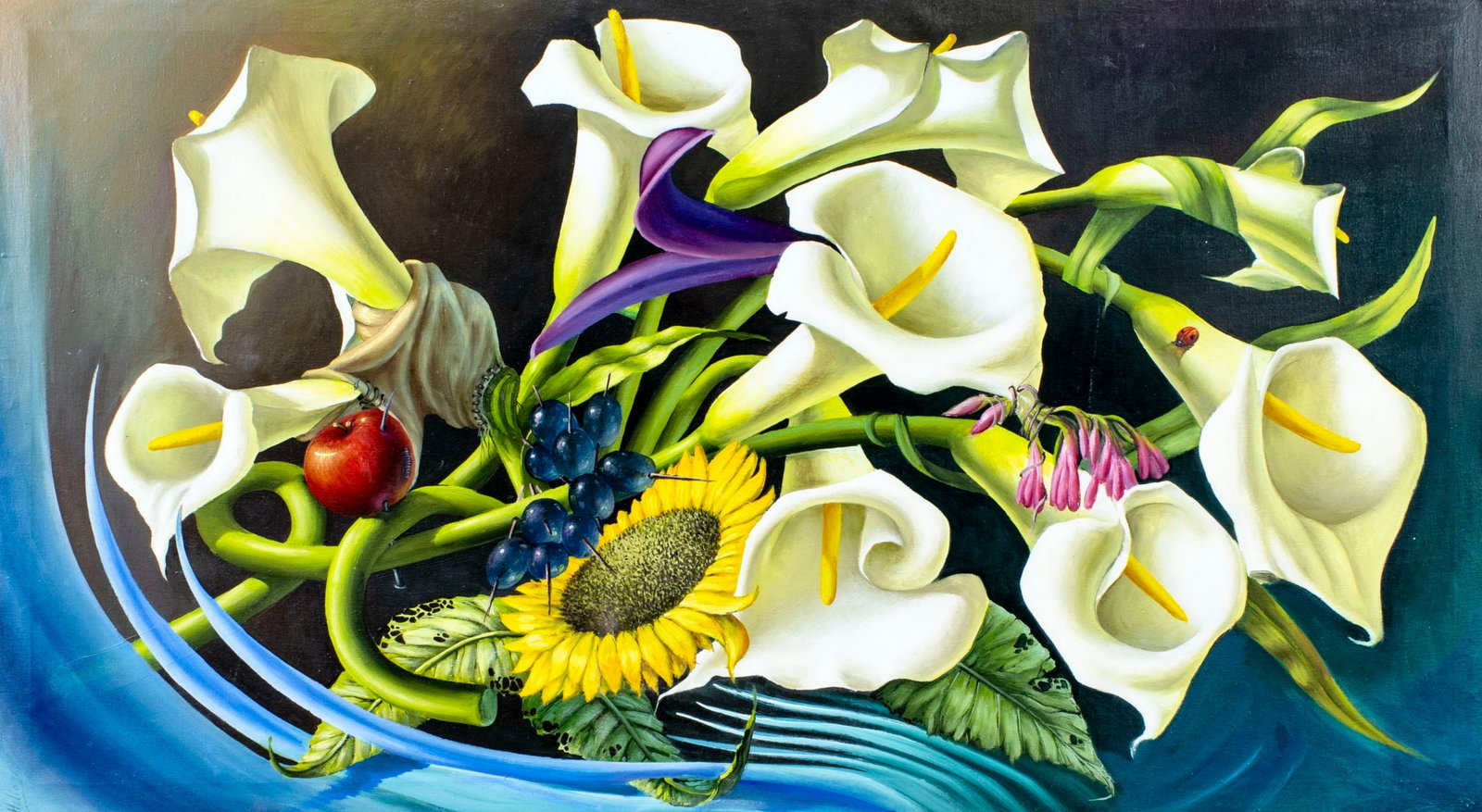 Helio (Mexico,20C) oil painting: ARTIST: Helio (Mexican, 20 century) TITLE: Floral Still Life YEAR: 1996 MEDIUM: oil on canvas CONDITION: One repaired tear with corresponding inpainting.