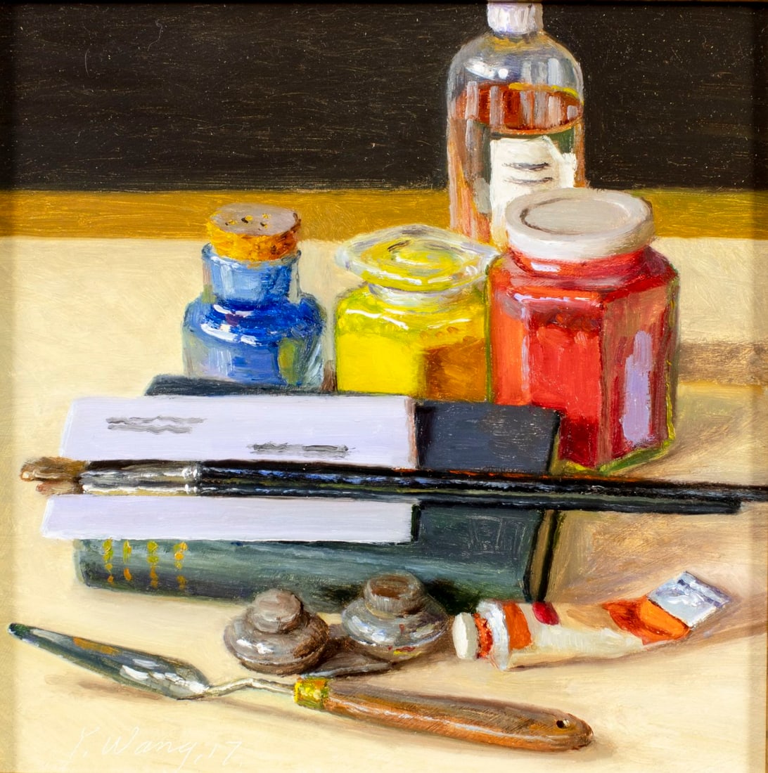 Y Wang (US,China,20/21C) oil painting: ARTIST: Y Wang (American, Chinese, 20/21 centuries) TITLE: Still Life with Artists Tools YEAR: 2017 MEDIUM: oil on board CONDITION: Very good. No visible