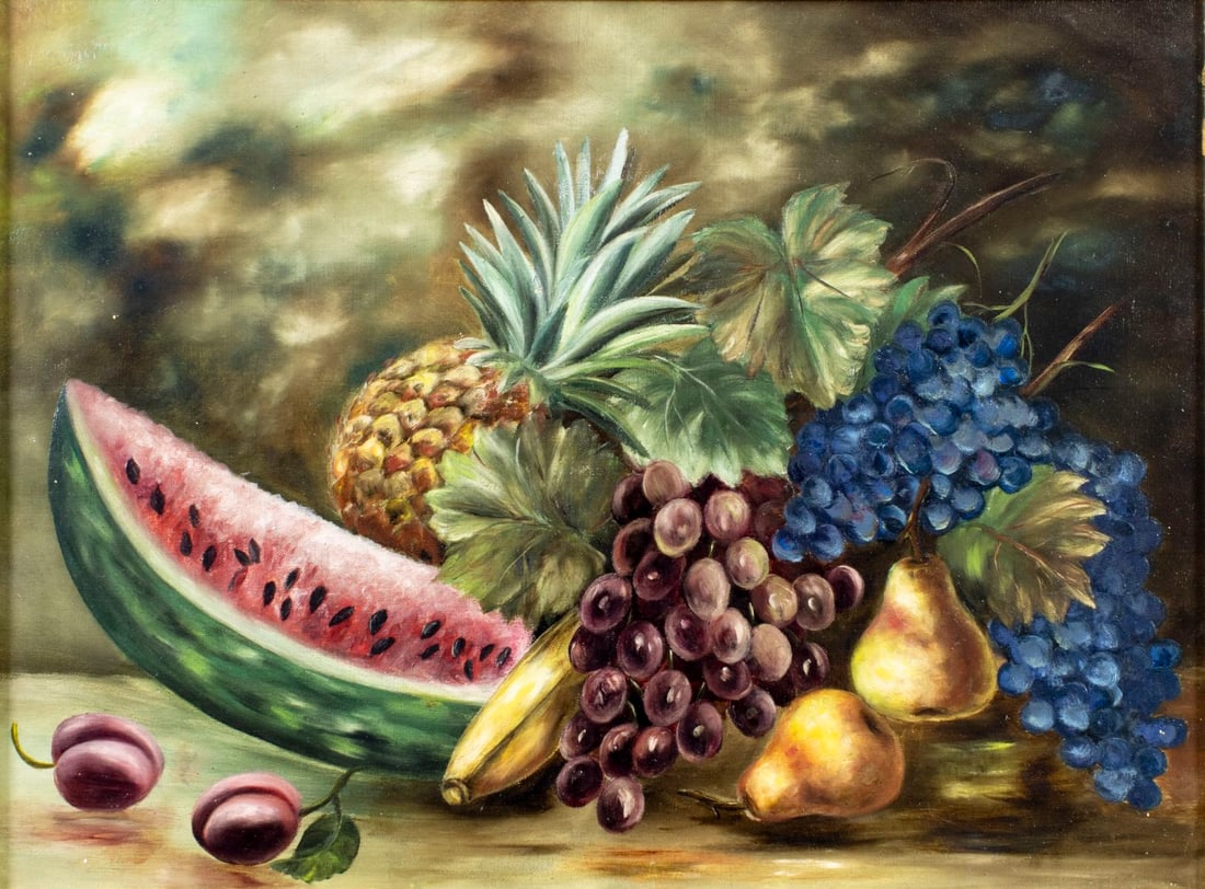Antique 19C American oil painting: ARTIST: - (American, 19 century) TITLE: Still Life with Fruit MEDIUM: oil on canvas CONDITION: Two patches. Few small paint losses. Minor craquelure. Some scattered inpait