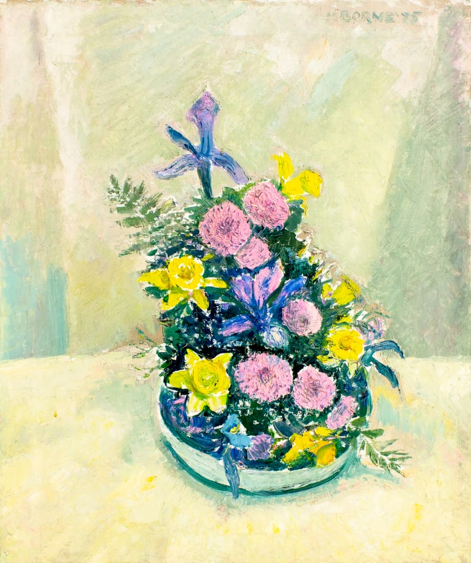 Mortimer Borne (NY,Poland,1902-1987) oil painting: ARTIST: Mortimer Borne (New York, Polish, 1902 - 1987) TITLE: Still Life with Flowers (titled on stretcher) YEAR: 1975 MEDIUM: oil on canvas CONDITION: F