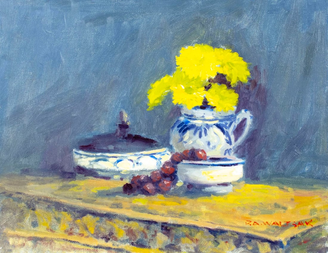 Robert Waltsak (NJ,b 1944) oil painting: ARTIST: Robert Alan Waltsak (New Jersey, born 1944) TITLE: Still Life with Grapes and Flowers MEDIUM: oil on canvas CONDITION: Very good. No visible inpaint under UV light.<