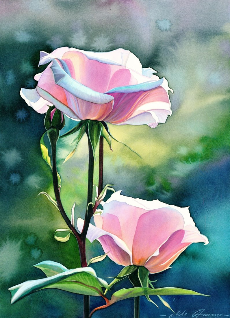 Mikhaylo Dmytriv (Ukraine,b 1997) watercolor painting: ARTIST: Mikhaylo Dmytriv (Ukraine, born 1997) TITLE: Still Life with Pink Roses MEDIUM: watercolor on heavy paper CONDITION: Very good. ART SIZE: 16 x 12