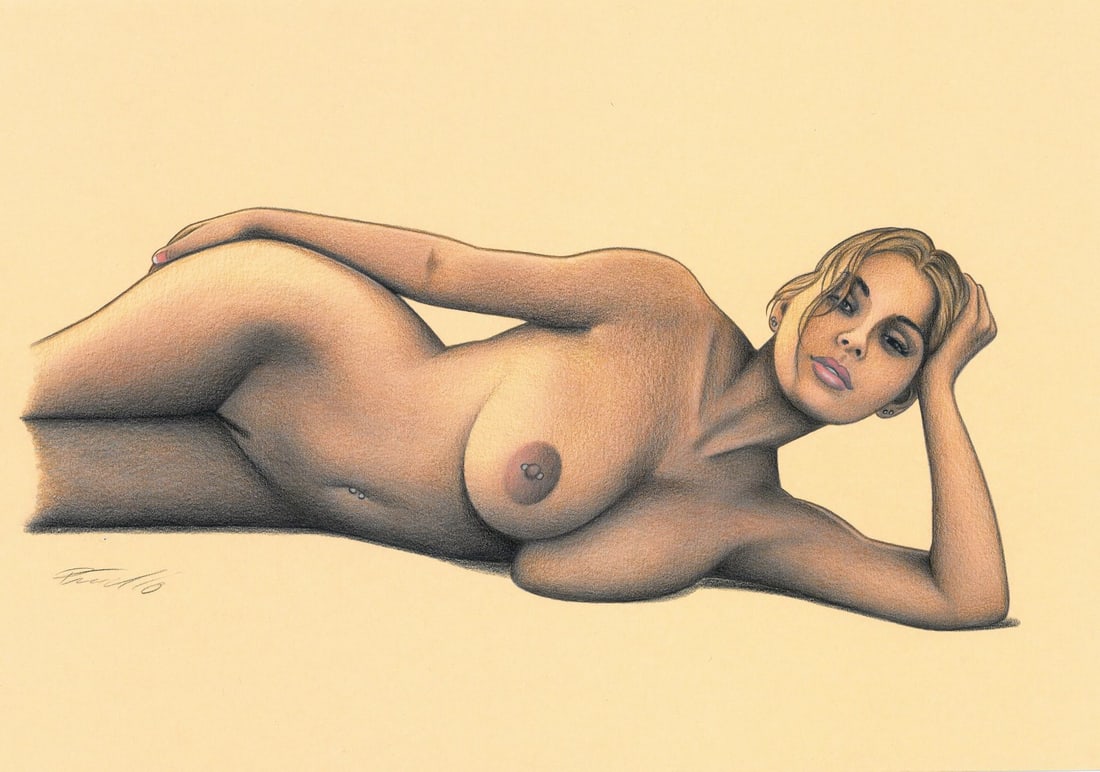 Rene Prudlo (German,b 1974) colored pencil painting: ARTIST: Rene Prudlo (Germany, born 1974) TITLE: Nude MEDIUM: colored pencil on heavy paper CONDITION: Very good. ART SIZE: 8 x 12 inches / 20 x 30 cm