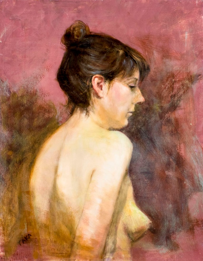 Takako Yoneyama (US,Japan,20C) oil painting: ARTIST: Takako Yoneyama (American, Japanese, 20 century) TITLE: Nude MEDIUM: oil on canvas CONDITION: Few minor scratches/paint losses. No visible inpaint under UV light.