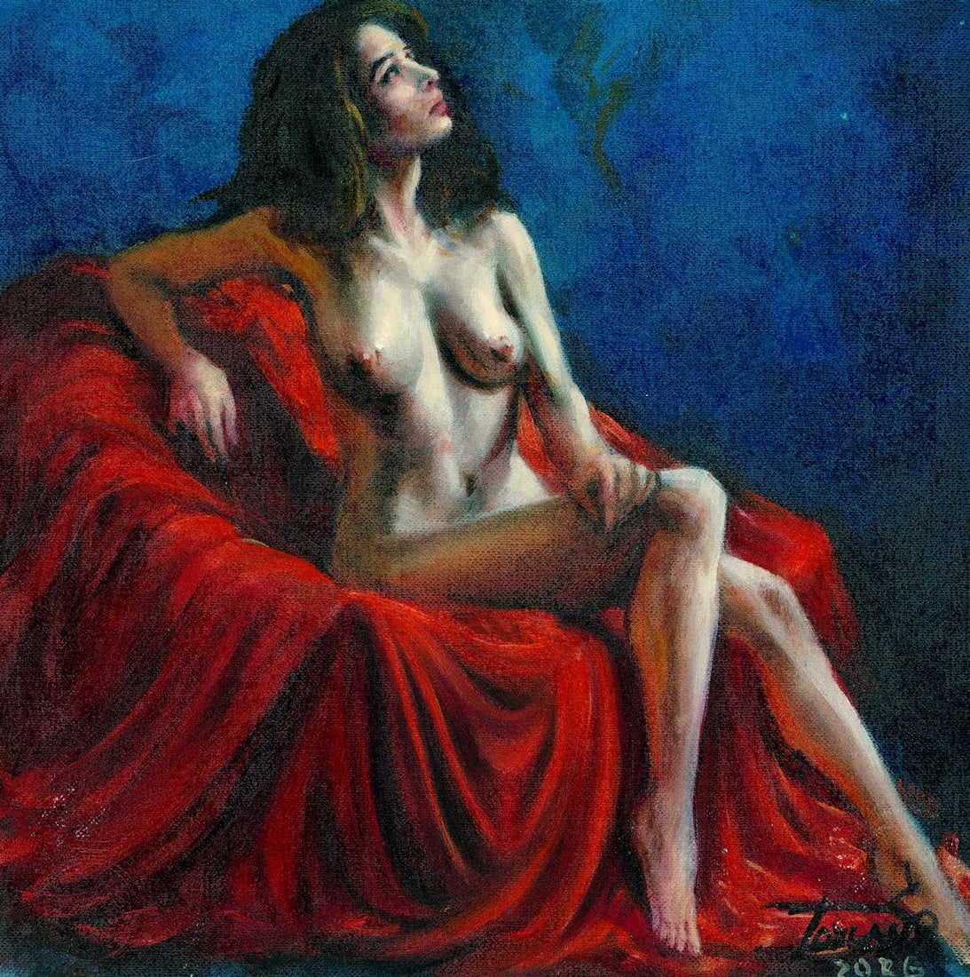 Sergey Dovgan (Ukraine,b 1976) oil painting: ARTIST: Sergey Dovgan (Ukraine, born 1976) TITLE: Seated Nude on Red Drape MEDIUM: oil on heavy paper CONDITION: Minor paint losses. No visible inpaint under UV light.