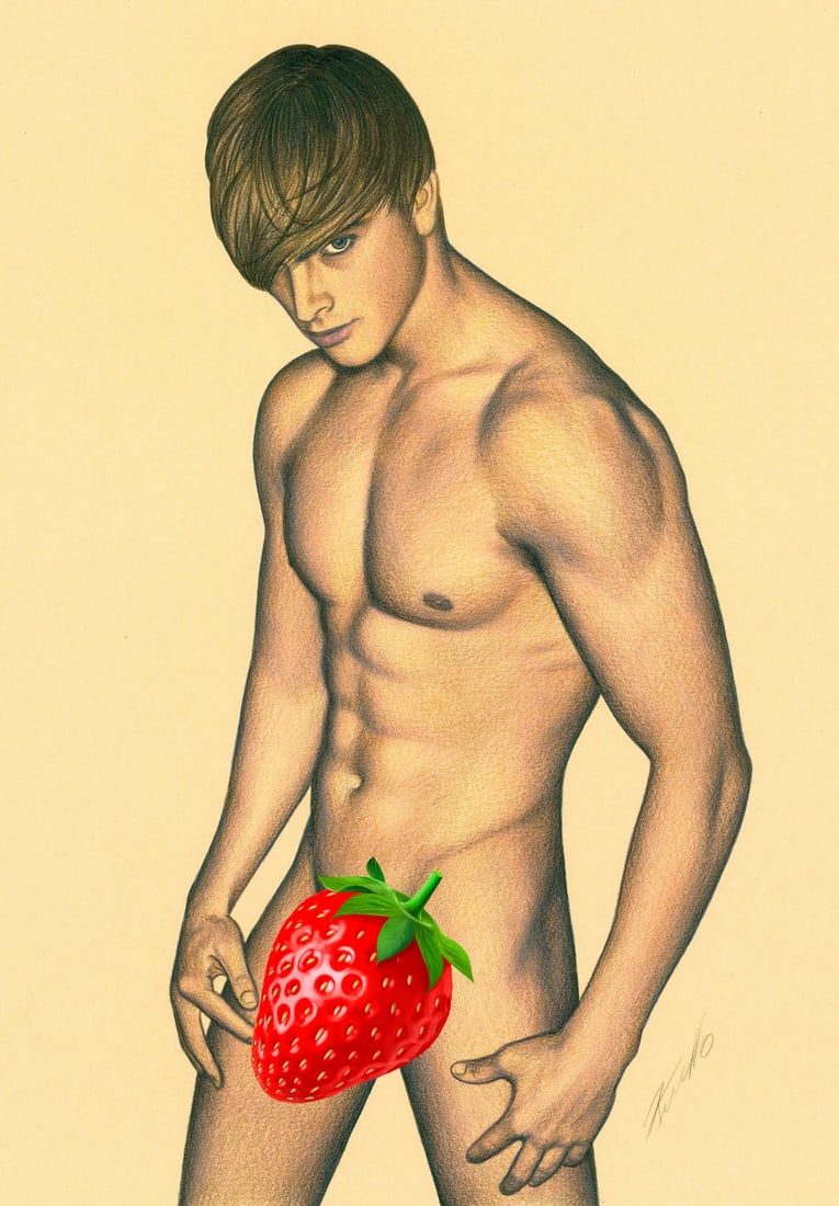 Rene Prudlo (German,b 1974) colored pencil painting: ARTIST: Rene Prudlo (Germany, born 1974) TITLE: Male Nude MEDIUM: colored pencil on heavy paper CONDITION: Very good. ART SIZE: 12 x 8 inches / 30 x 20 c