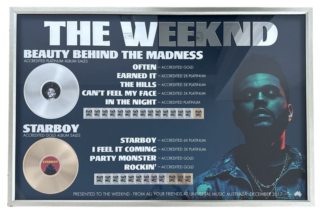 The Weeknd - Universal Music Australia Certified Sales Plaque: The Weeknd Beauty Behind The Madness Accredited Platinum Album Sales and Starboy Accredited Gold Album Sales Presented To The Weeknd From All Your Friends At Universal Music Australia, December 2017. 