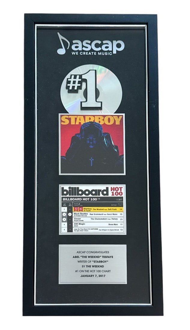 The Weeknd - ASCAP #1 Hot 100 Plaque - "STARBOY": ASCAP CONGRATULATES ABEL "THE WEEKND" TESFAYE WRITER OF "STARBOY" BY THE WEEKND #1 ON THE HOT 100 CHART JANUARY 7, 2017. Issued by the American Society of Composers, Authors and Publishers (ASCAP), th