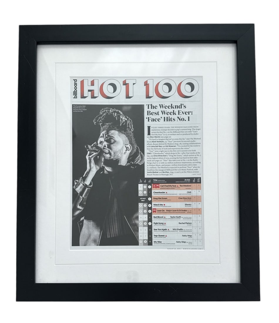 The Weeknd - Billboard Chart Recognition Plaque: Billboard HOT 100 The Weeknd's Best Week Ever: 'Face' Hits No. 1 'Can't Feel My Face' August 22,2015. A commemorative chart recognition from Billboard, the American music industry publication. Present
